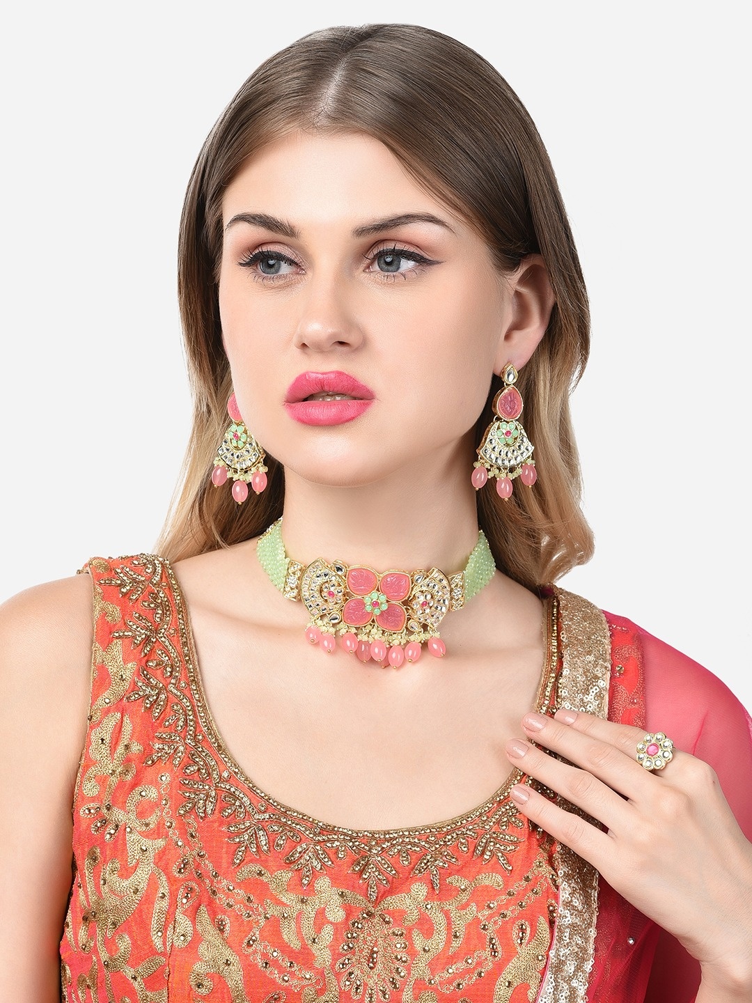 

Zaveri Pearls Pink & Green Crystal Choker Necklace Earring & Ring Set