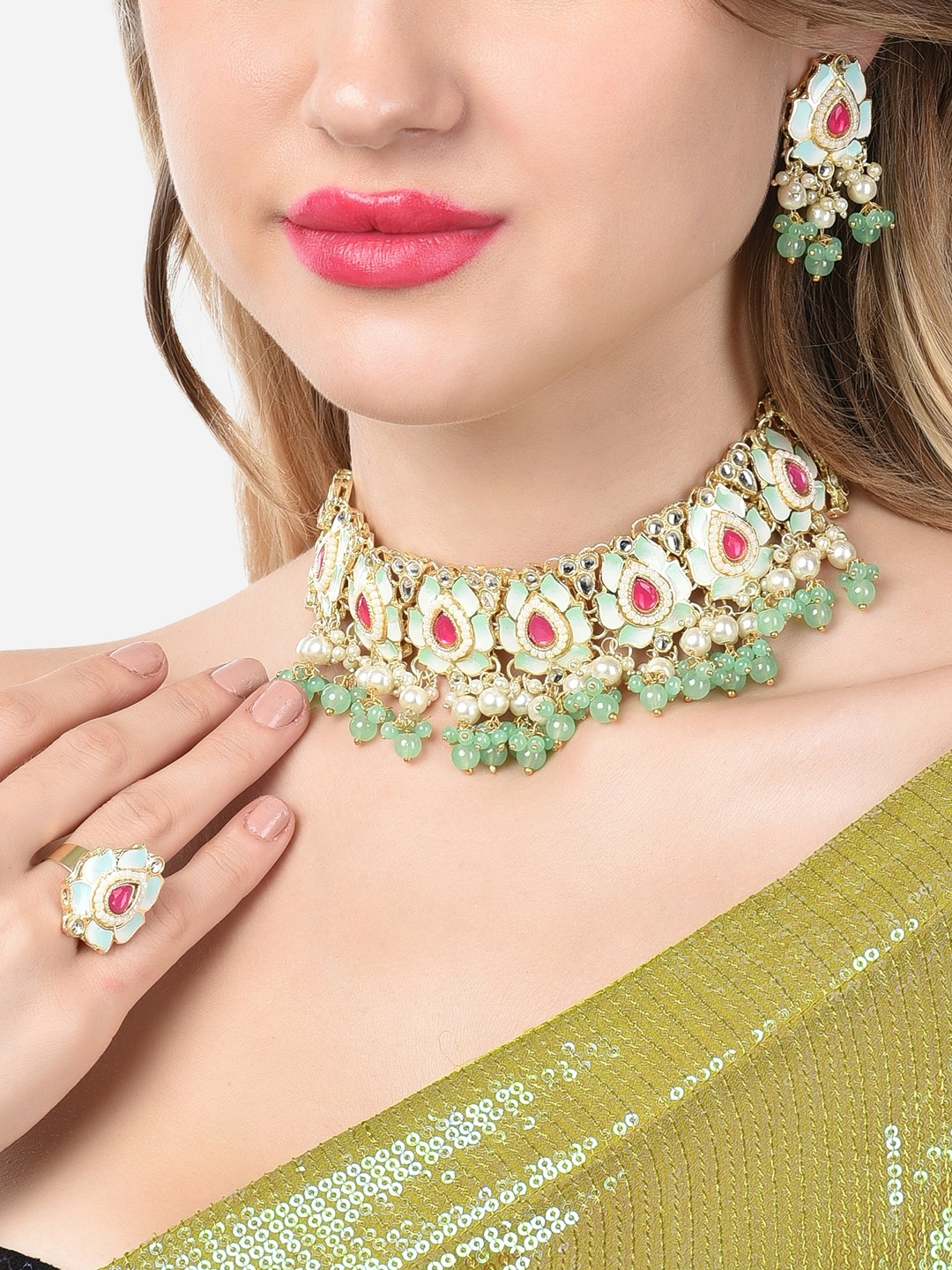 

Zaveri Pearls Pink & Green Lotus Design Meenakari Choker Necklace Earring & Ring Set, Gold