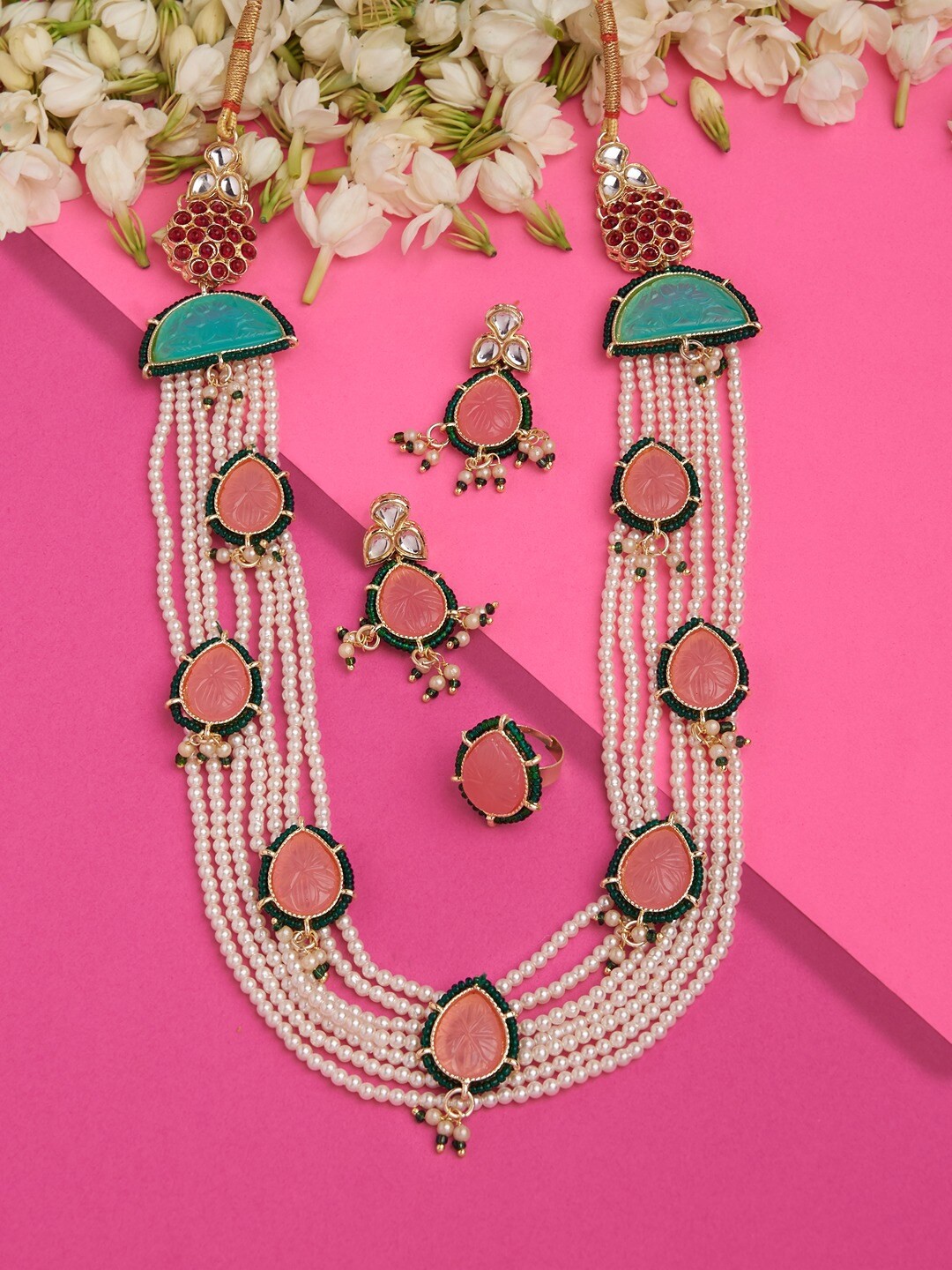 

Zaveri Pearls Pink Stones & Green Beads Multistrand Pearls Necklace Earring & Ring Set, Gold