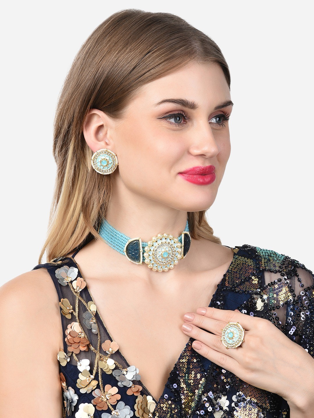 

Zaveri Pearls Blue Meenakari Crystals Beaded Kundan Choker Necklace Earring & Ring Set, Gold