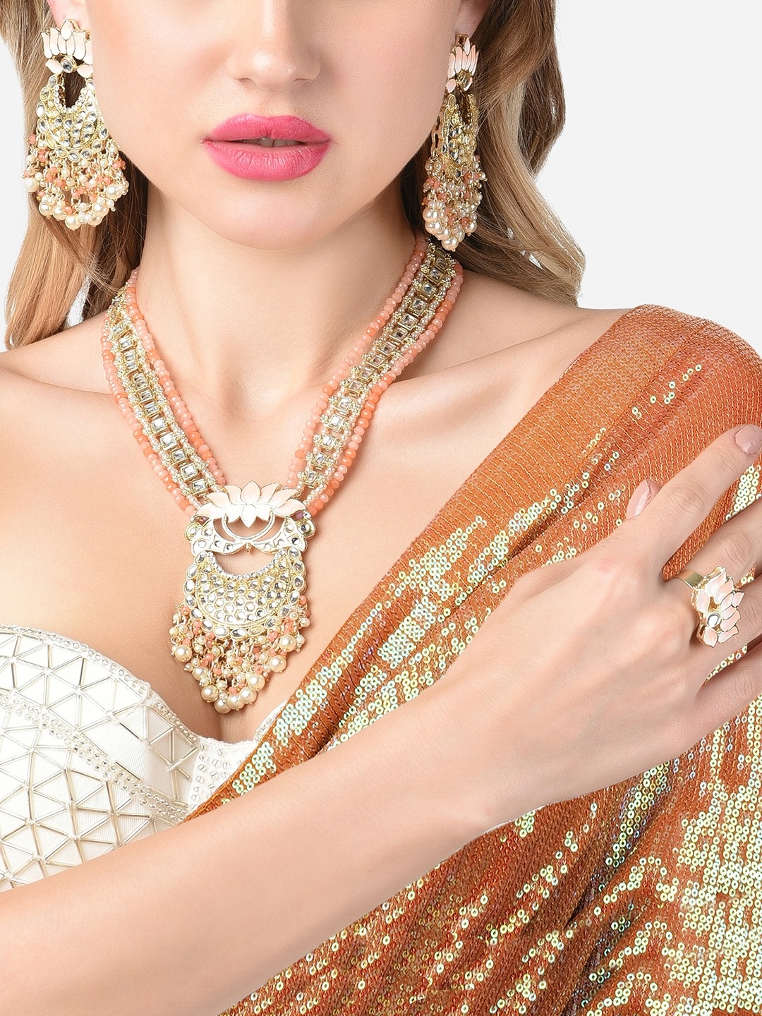 

Zaveri Pearls Peach Meenakari Lotus Bridal Kundan Long Necklace Earring & Ring Set, Gold