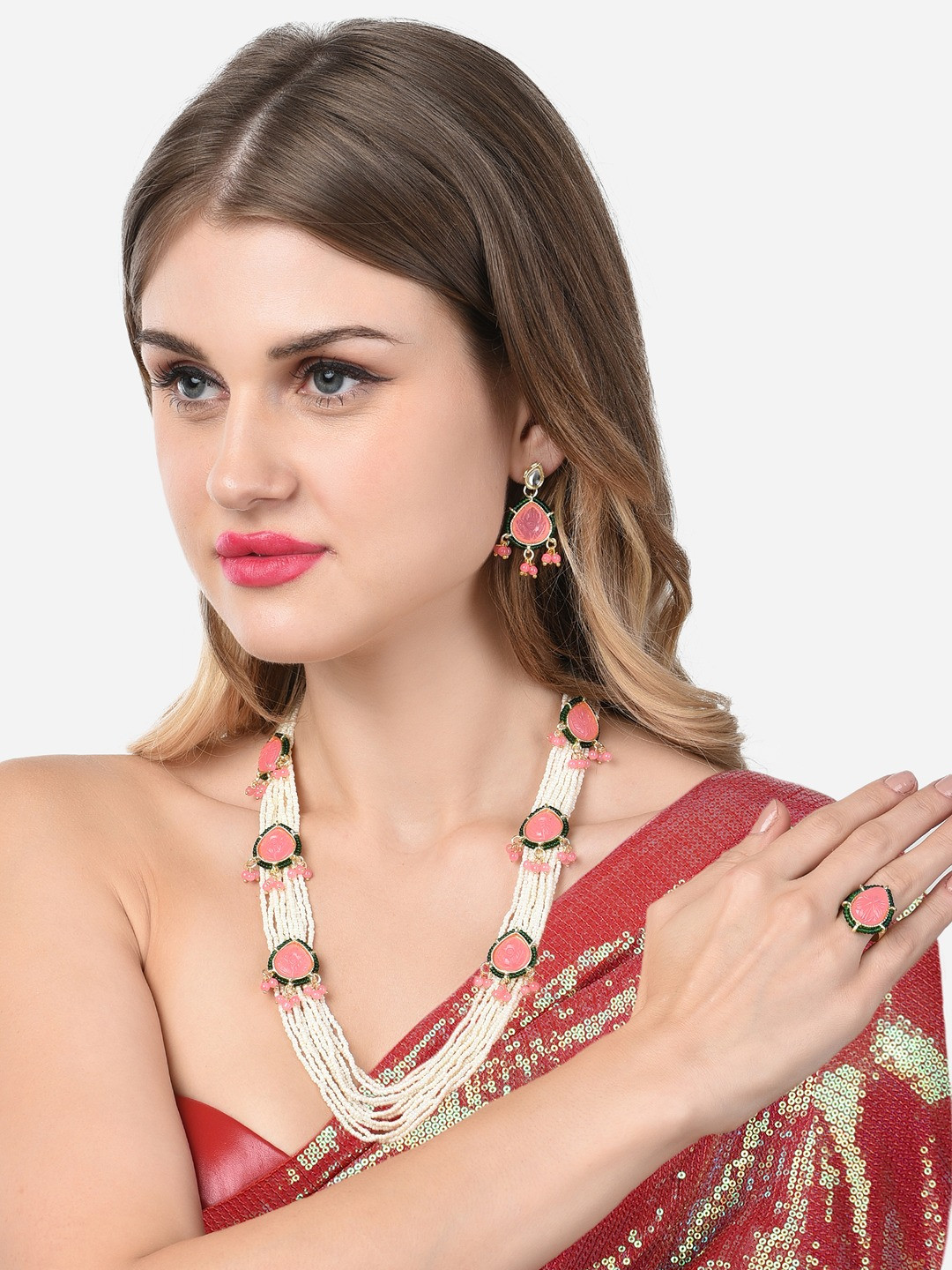 

Zaveri Pearls Pink Stones & Green Beads Multi strand Pearls Necklace Earring & Ring Set, Gold
