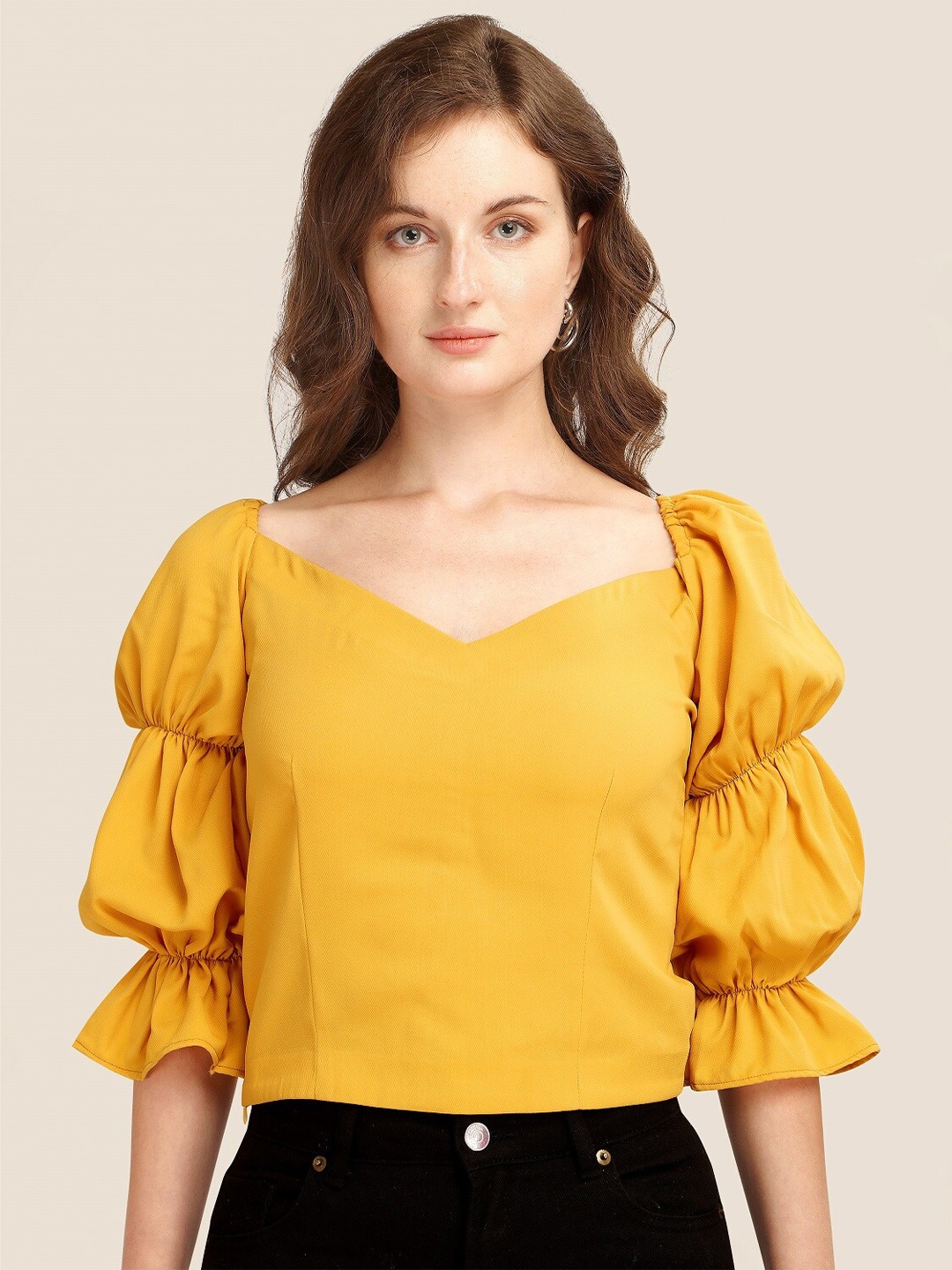 

Prettify Woman Mustard Yellow Sweetheart Neck Top