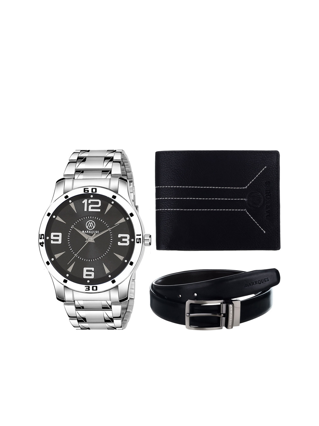 

MARKQUES Men Black & Silver-Toned Solid Leather Accessory Gift Set