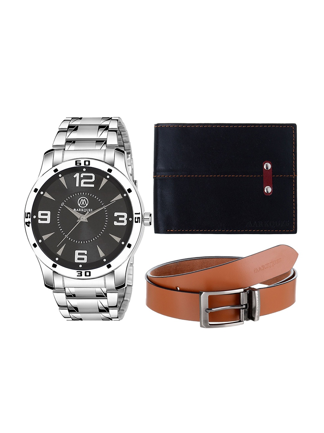 

MARKQUES Men Black , Tan & Sliver-Toned Watch, Wallet And Belt Festival Combo Gift Set