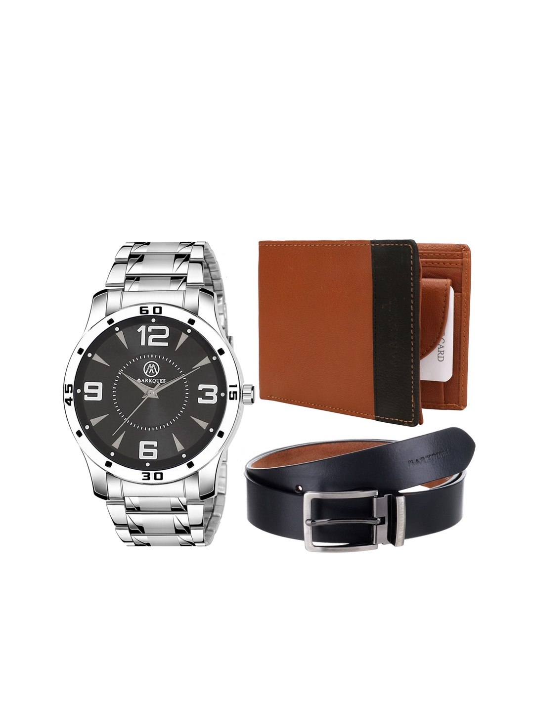 

MARKQUES Men Brown & Silver-Toned Solid Accessory Gift Set, Multi