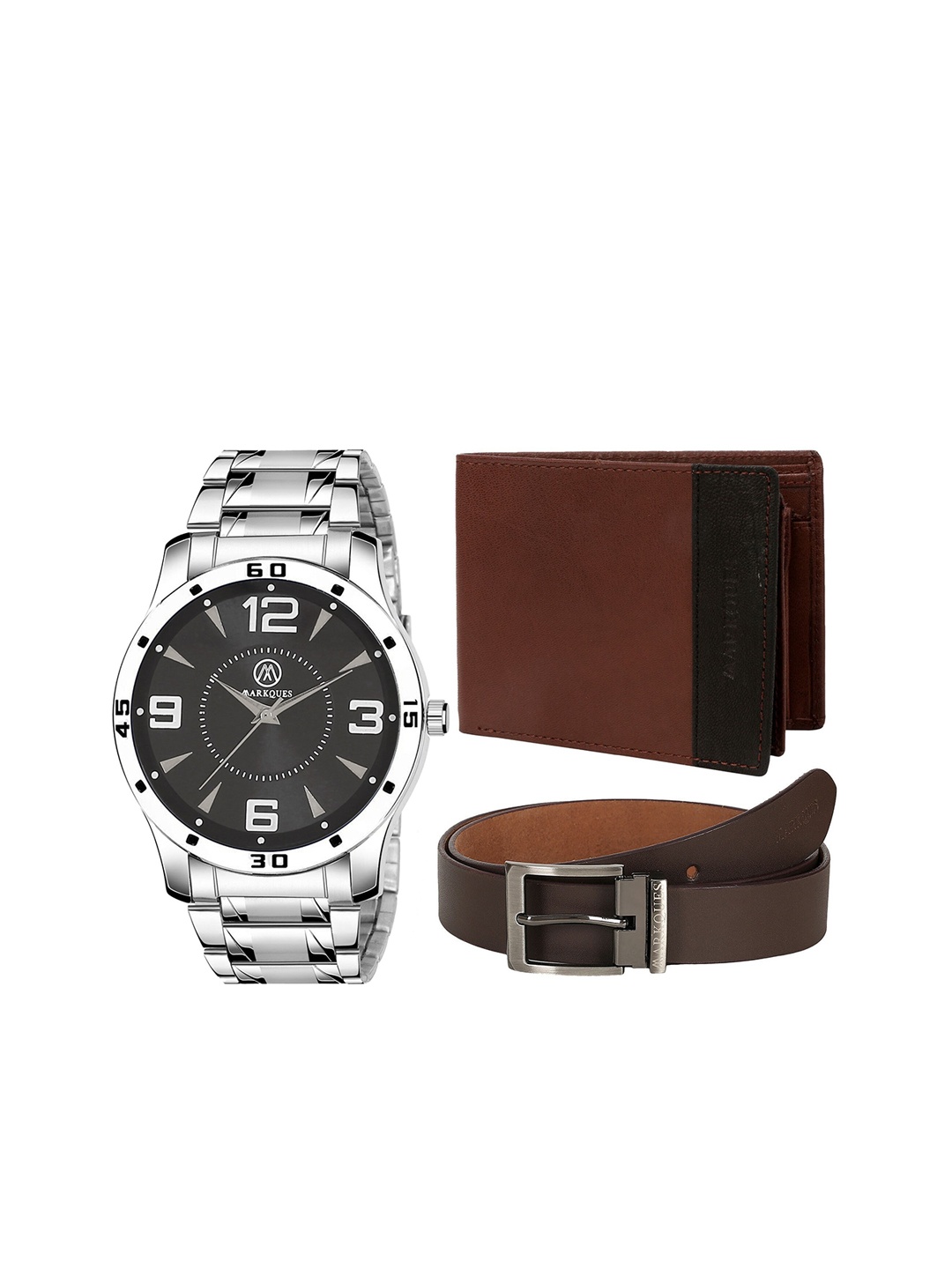 

MARKQUES Men Brown & Silver-Toned Solid Leather Accessory Gift Set, Black