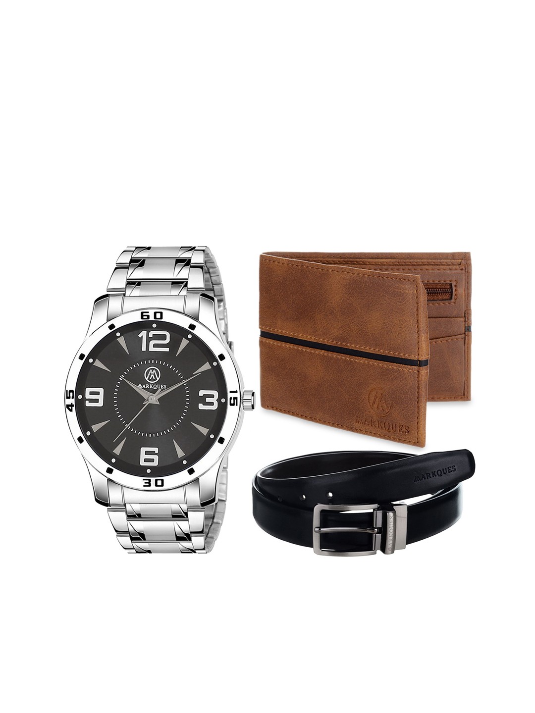 

MARKQUES Men Brown & Silver-Toned Leather Accessory Gift Set