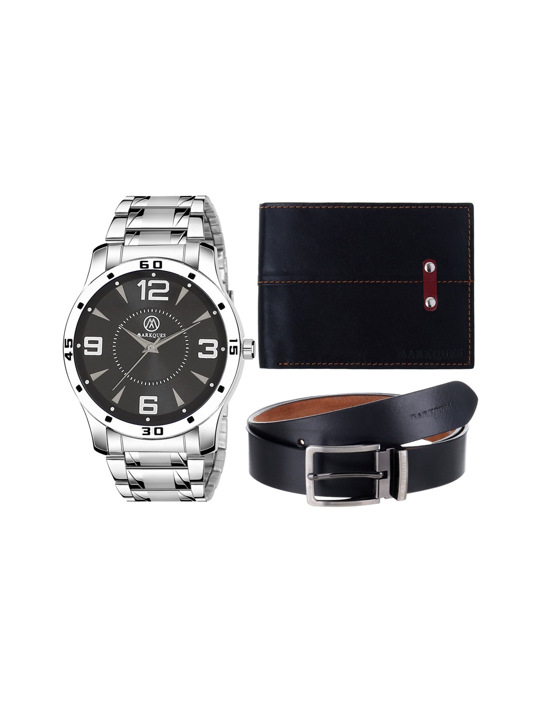 

MARKQUES Men Silver-Toned & Black Solid Leather Accessory Gift Set