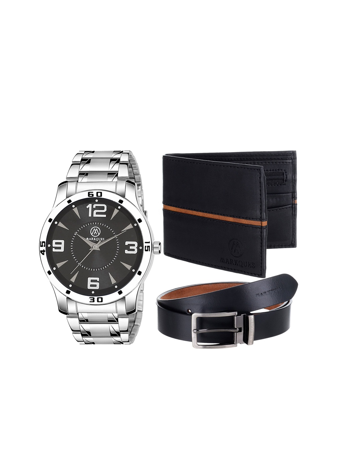 

MARKQUES Men Men Set Of 3 Silver-Toned & Black Solid Accessory Gift Set