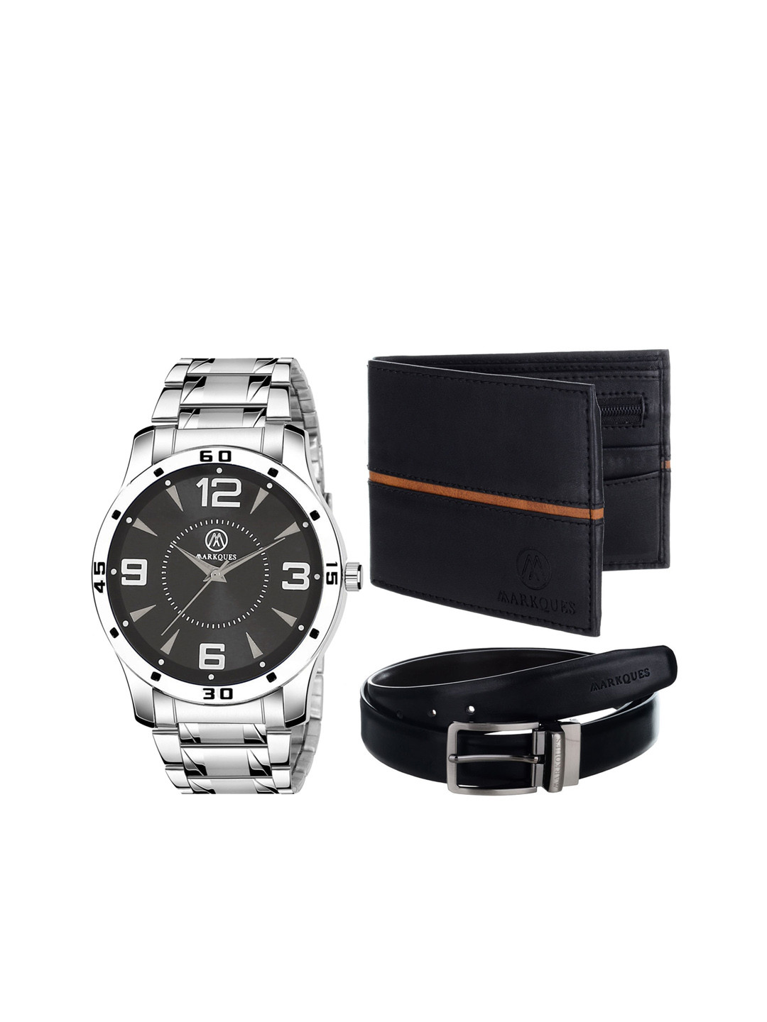 

MARKQUES Men Silver-Toned & Black Solid Leather Accessory Gift Set