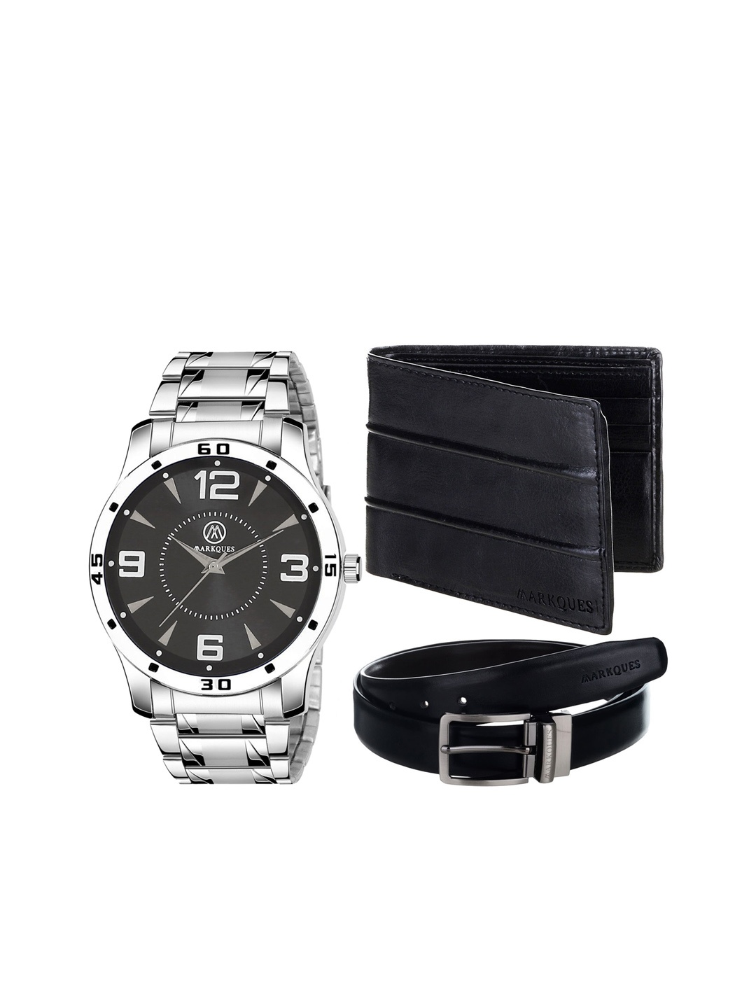 

MARKQUES Men Black & Silver-Toned Solid Leather Accessory Gift Set