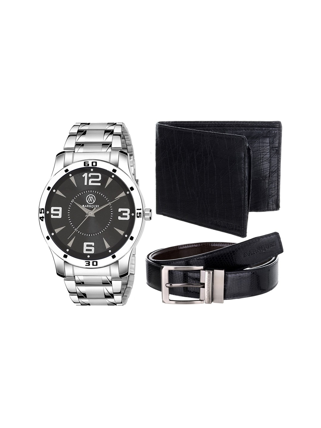 

MARKQUES Men Silver-Toned & Black Solid Leather Accessory Gift Set