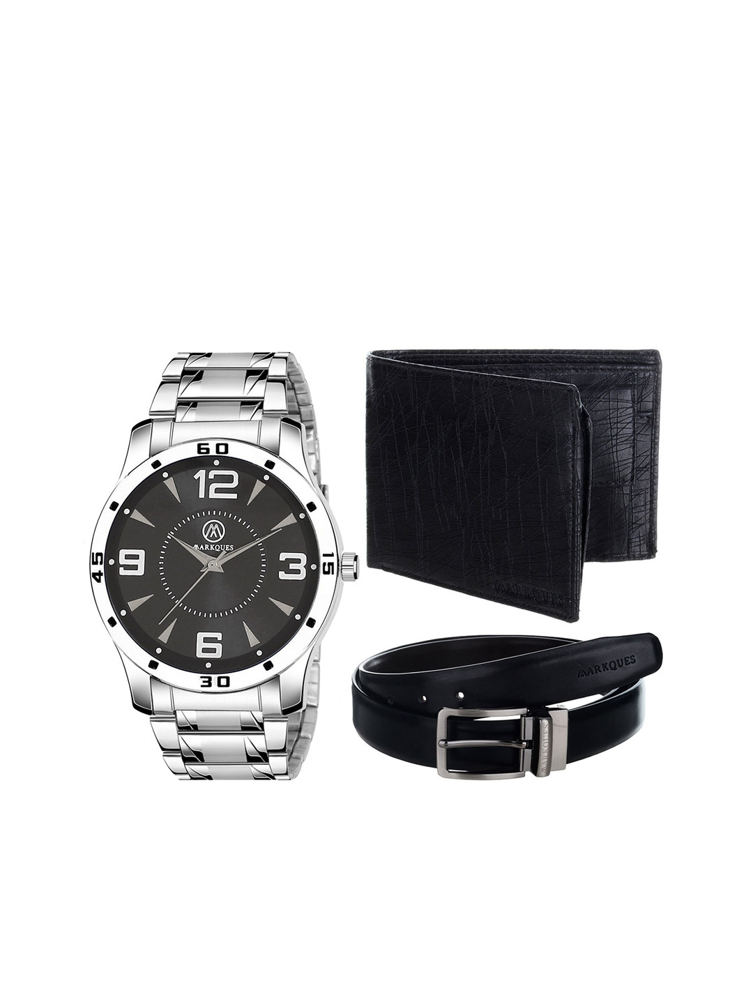 

MARKQUES Men Silver-Toned & Black Solid Leather Accessory Gift Set