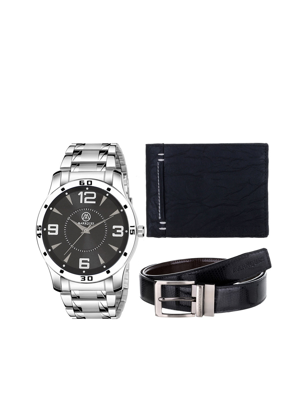 

MARKQUES Men Silver-Toned & Black Solid Leather Accessory Gift Set