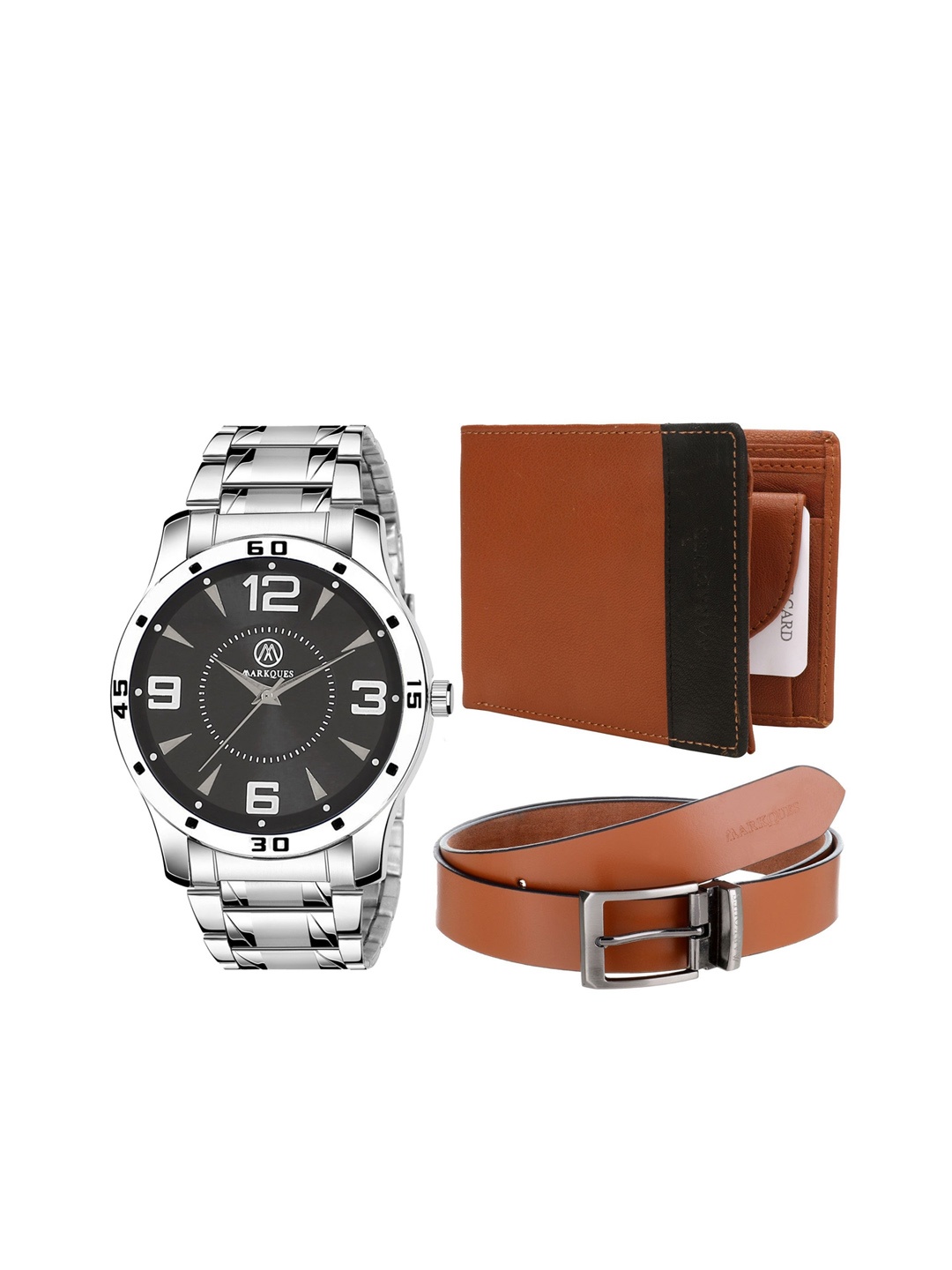 

MARKQUES Men Silver-Toned & Black Solid Leather Accessory Gift Set, Tan