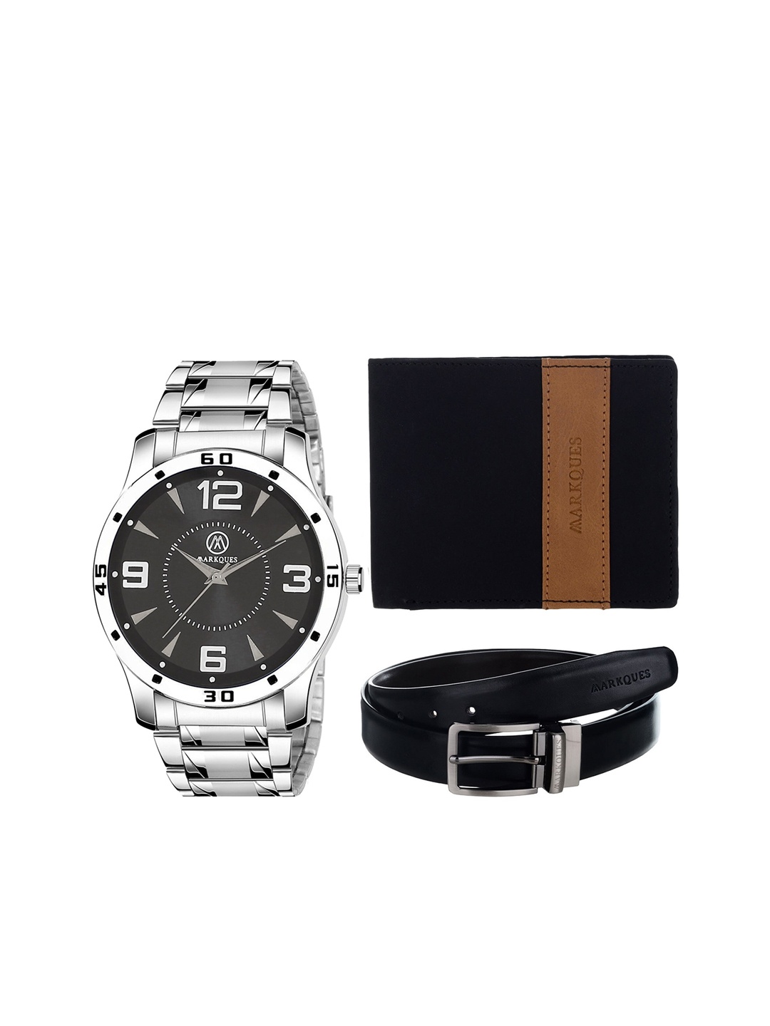 

MARKQUES Men Set Of 3 Silver-Toned & Black Solid Accessory Gift Set, Multi