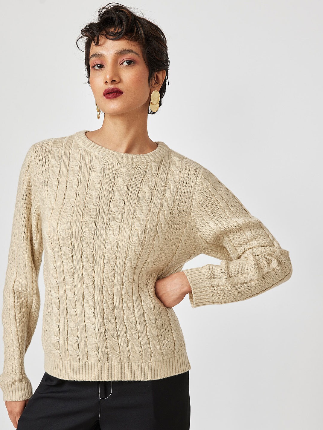 

The Label Life Women Beige Cable Knit Pullover