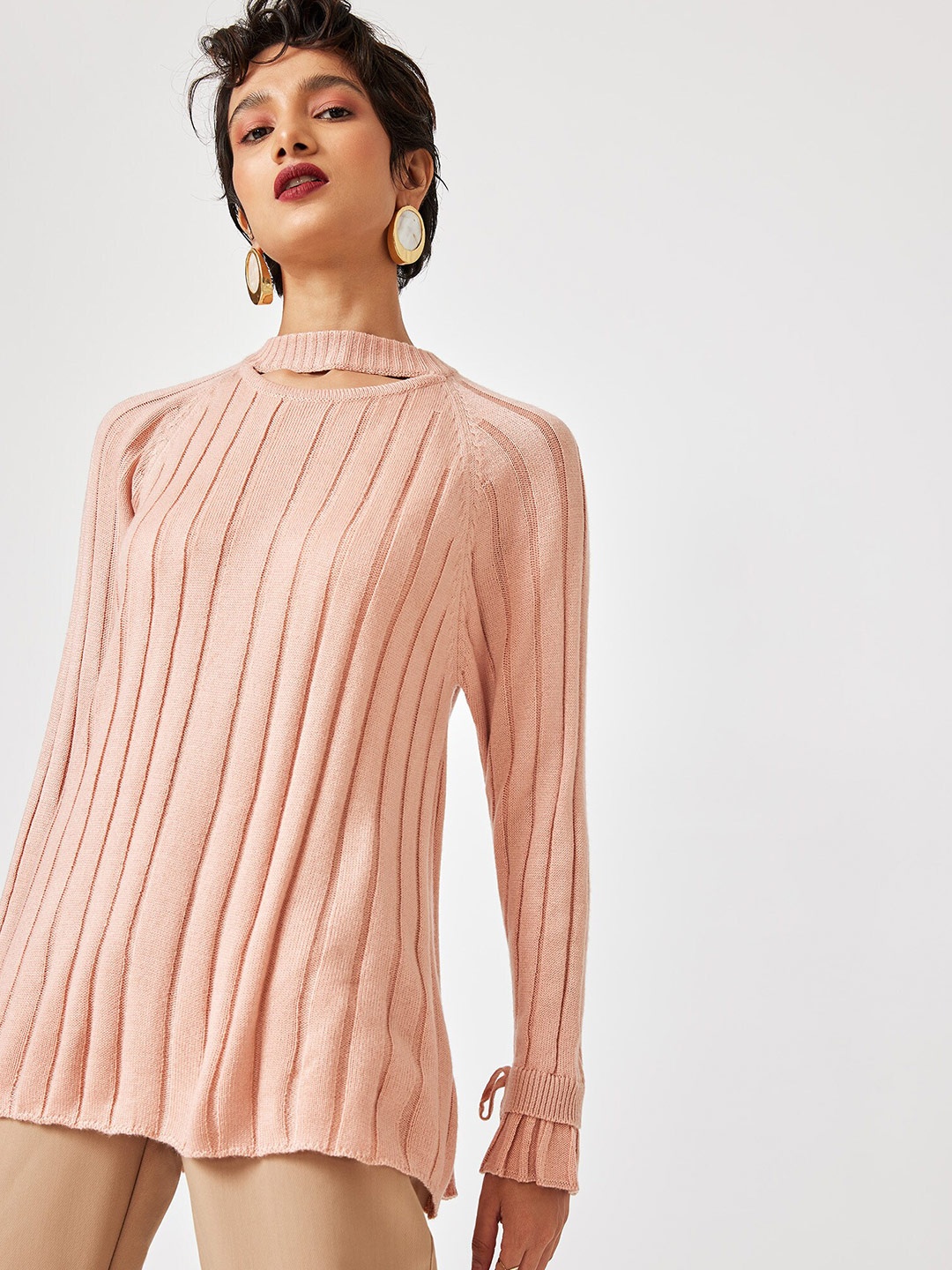 

The Label Life Women Pink Ribbed Pullover with Belted Detail