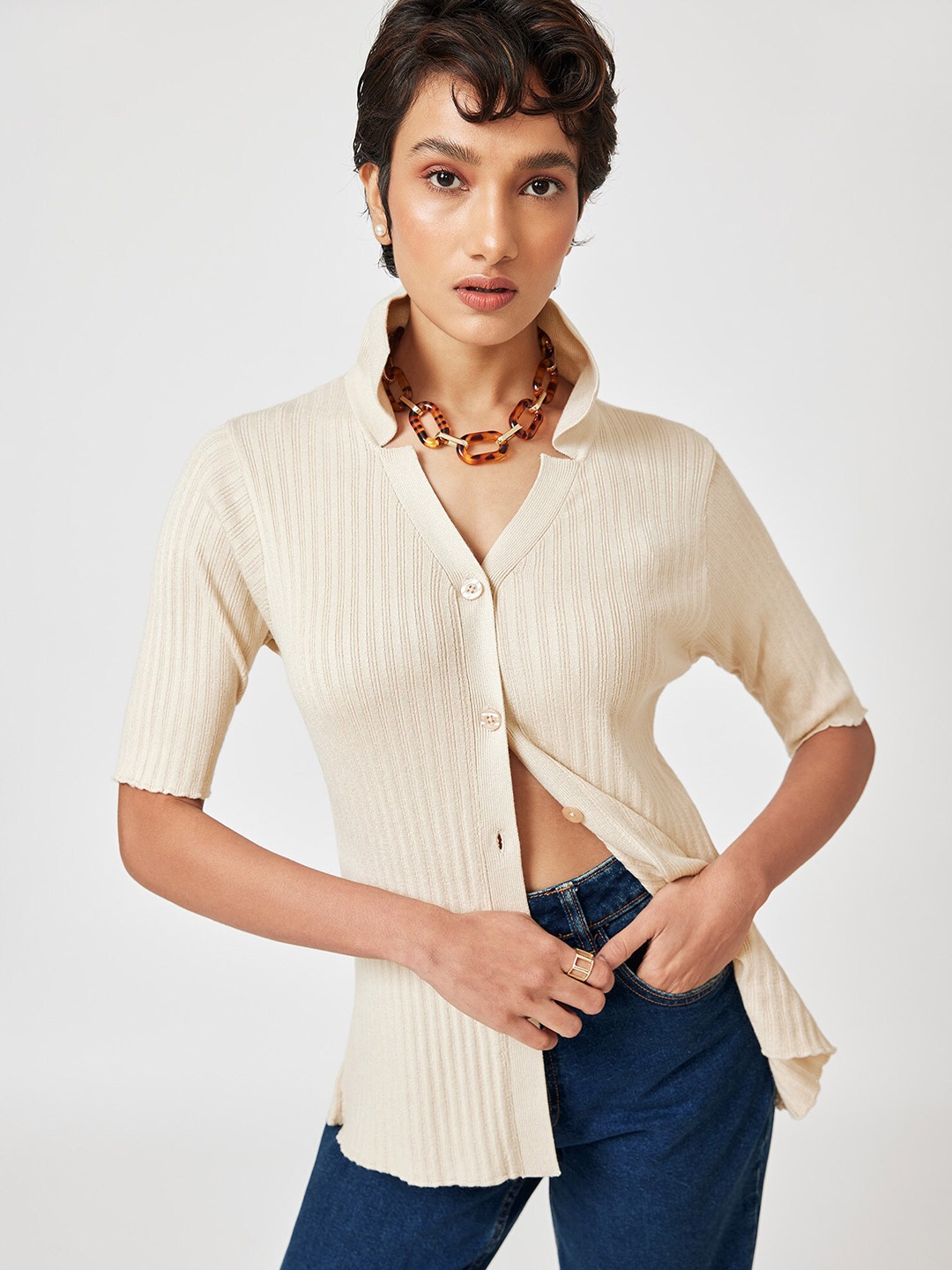

The Label Life Women Beige Ribbed Cardigan
