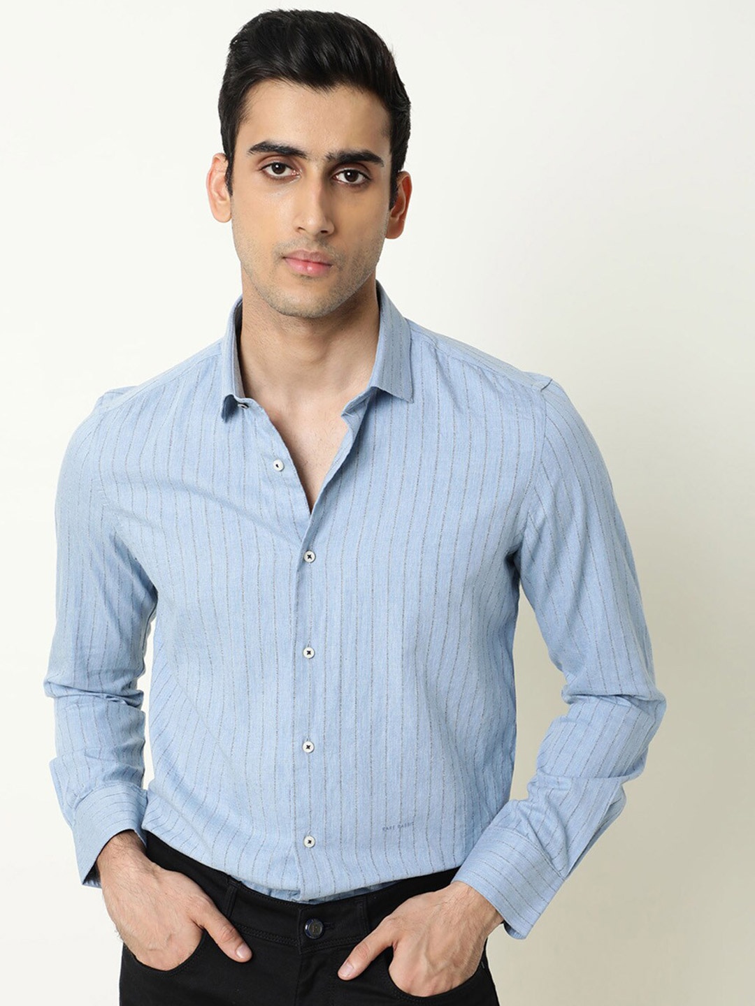 

RARE RABBIT Men Thermo Slim Fit Striped Formal Shirt, Blue