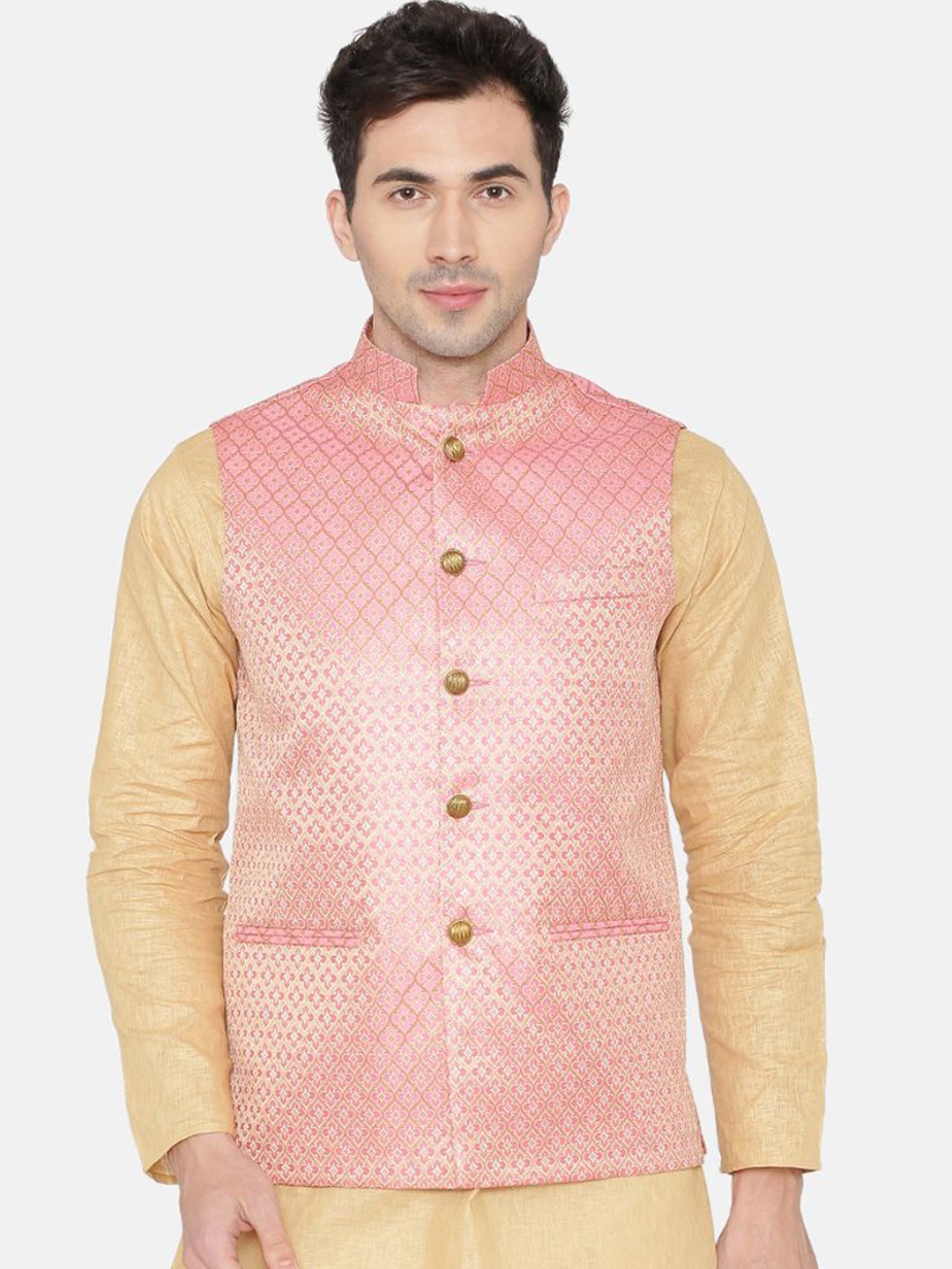 

Wintage Men Pink Woven Design Nehru Jacket