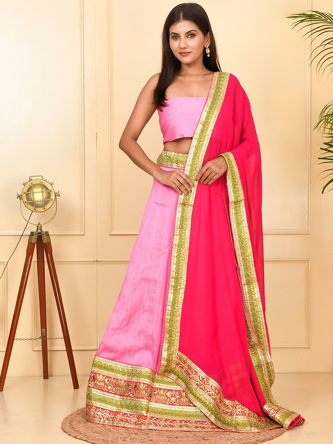 

Kesarya Pink & Gold-Toned Embellished Khari Print Semi-Stitched Lehenga & Unstitched Blouse With Dupatta