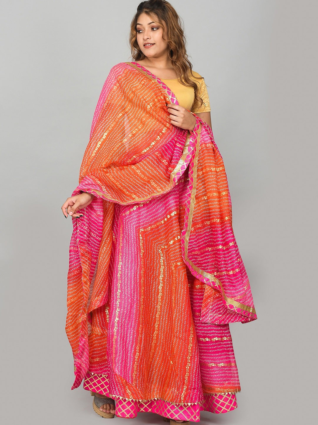 

Kesarya Women Pink Bandhani Cotton Semi-Stitched Lehenga & Unstitched Blouse With Dupatta