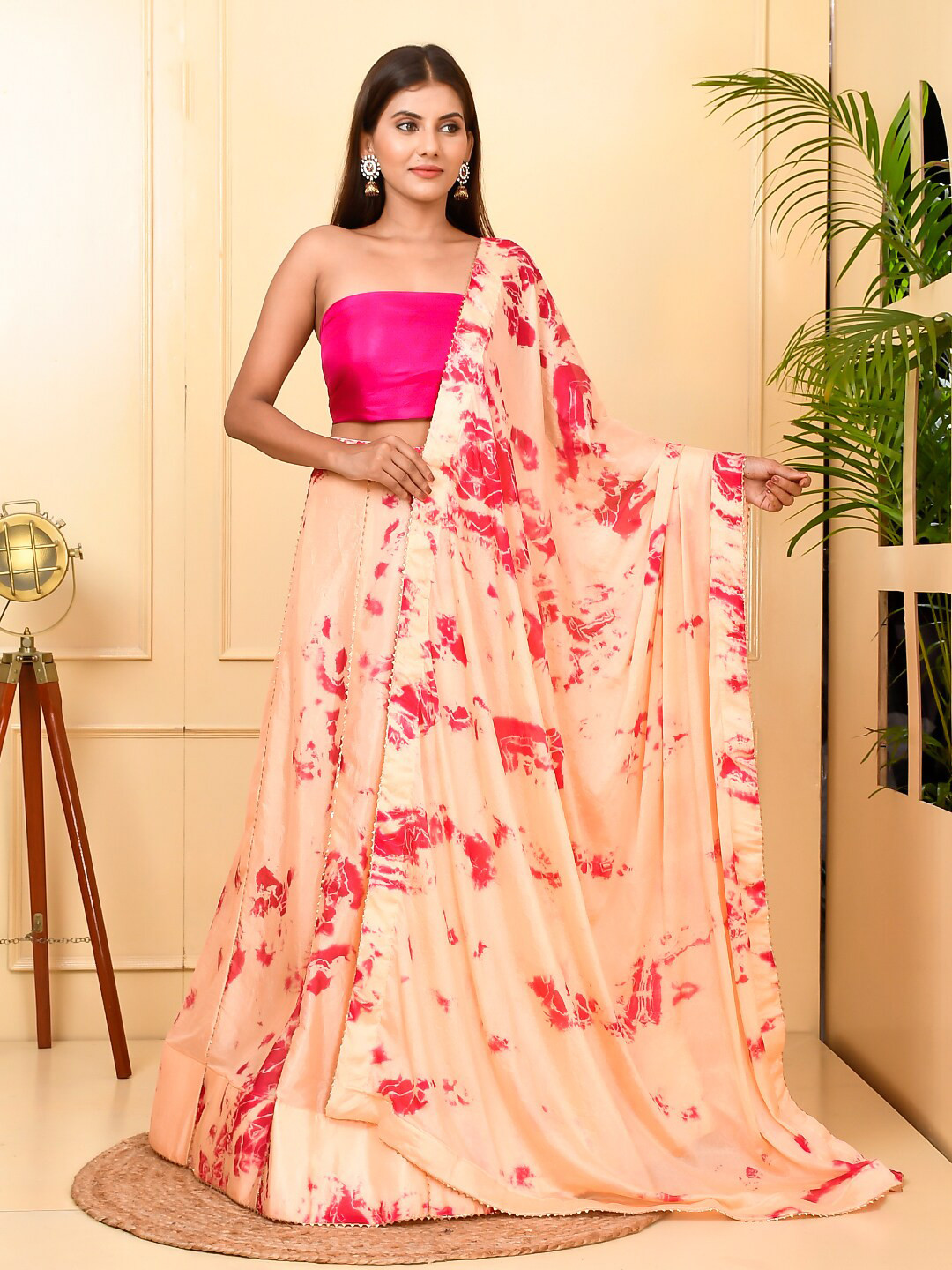 

Kesarya Women Cream Tie & Dye Silk Semi-Stitched Lehenga & Unstitched Blouse With Dupatta