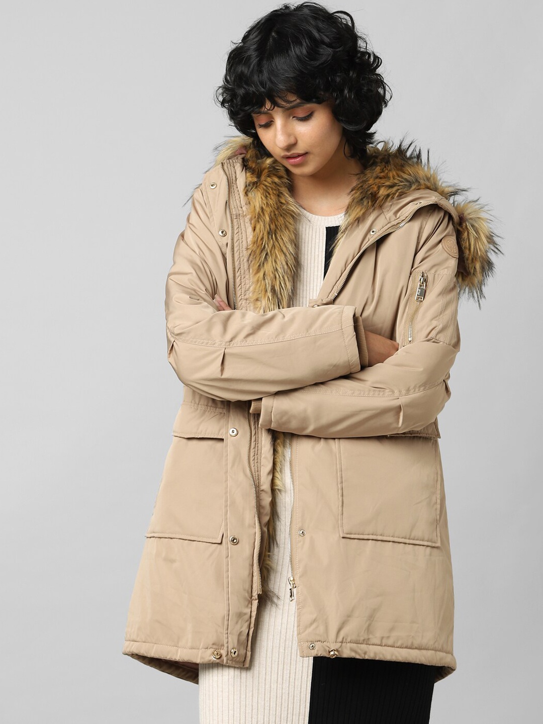 

ONLY Women Beige Solid Parka Coat