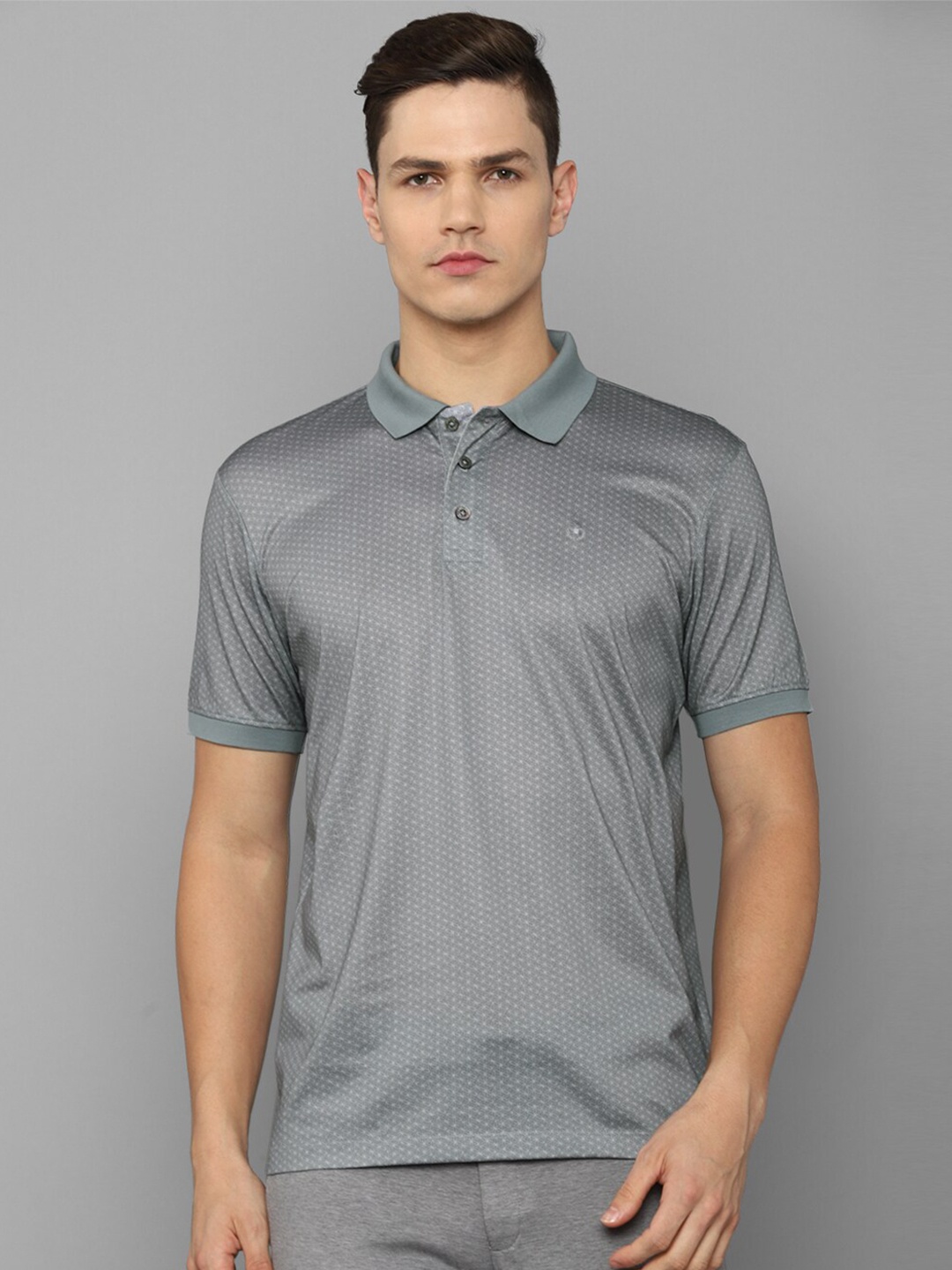 

Luxure by Louis Philippe Men Grey Cotton Printed Geometric Polo Collar T-shirt