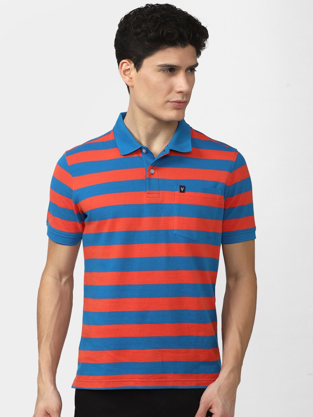

Van Heusen Sport Men Red & Blue Striped Polo Collar T-shirt