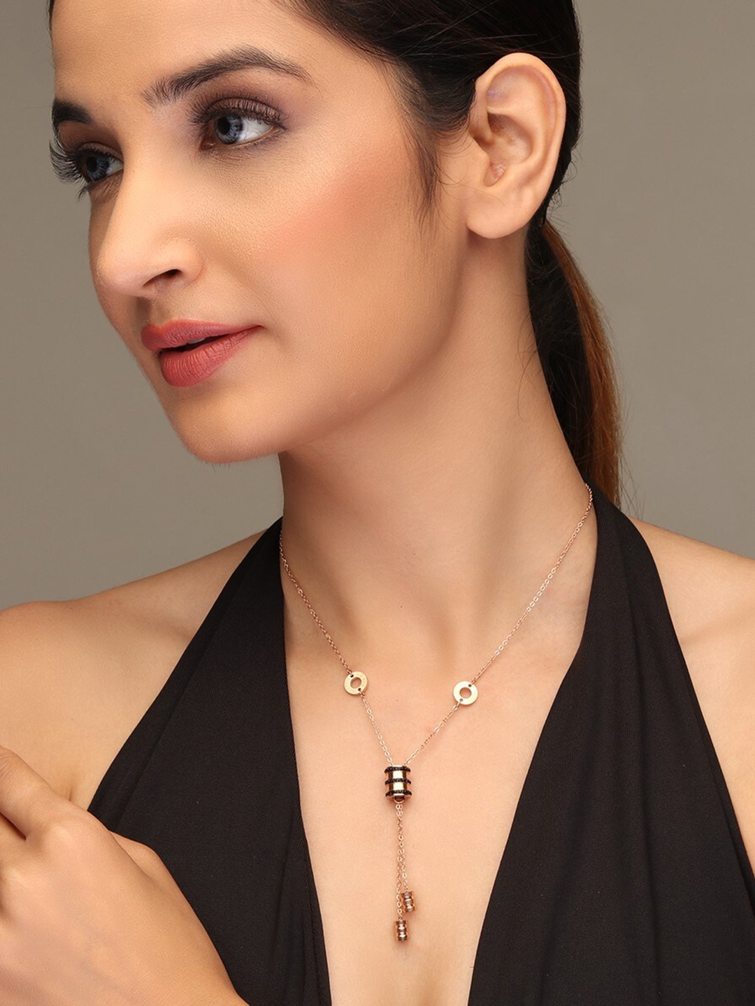 

LAIDA Women Rose Gold-Plated AD-Studded Contemporary Pendant With Chain