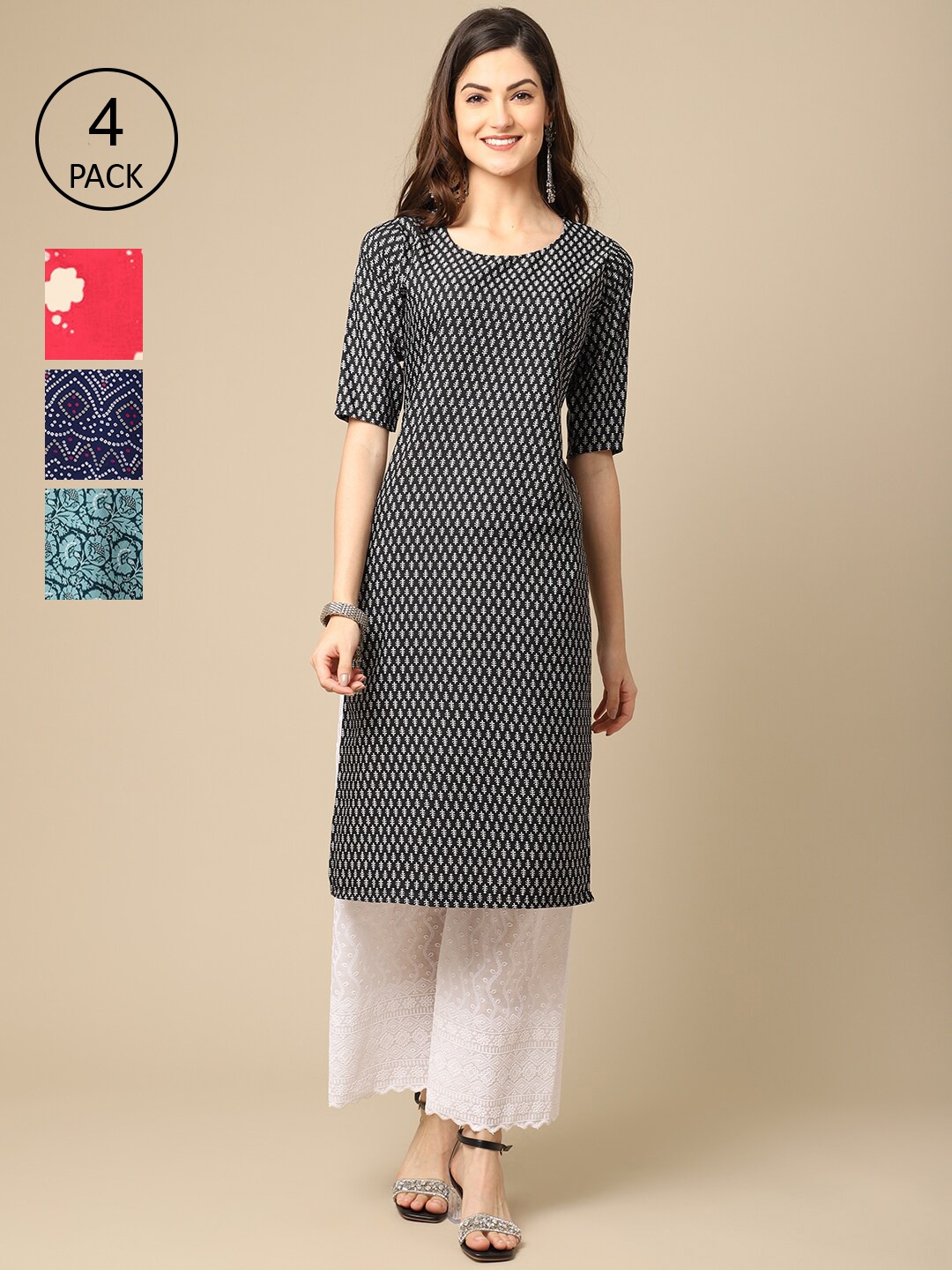 

Ethnic basket Women Pack Of 4 Printed Crepe Straight Kurta, Black