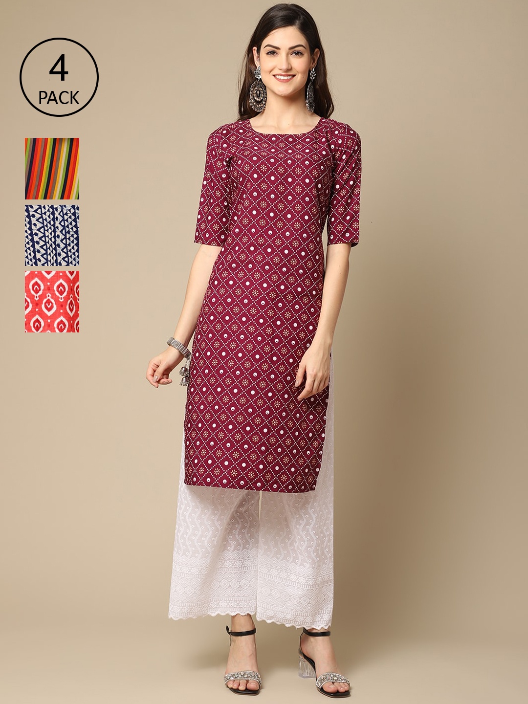 

Ethnic basket Women Pack of 4 Ethnic Motifs Printed Straight Crepe Kurta, Maroon