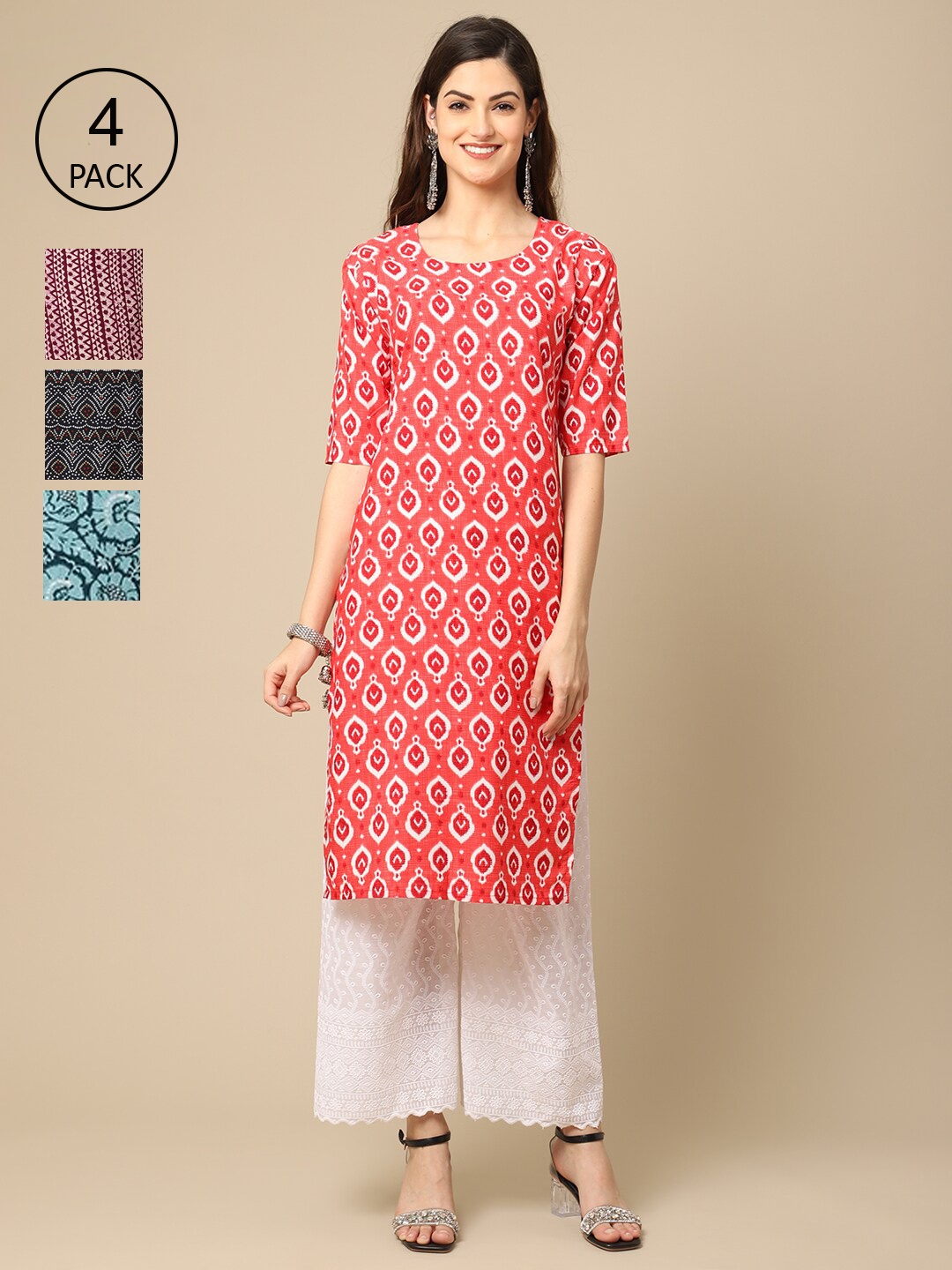 

Ethnic basket Women Pack of 4 Ethnic Motifs Printed Straight Crepe Kurta, Orange