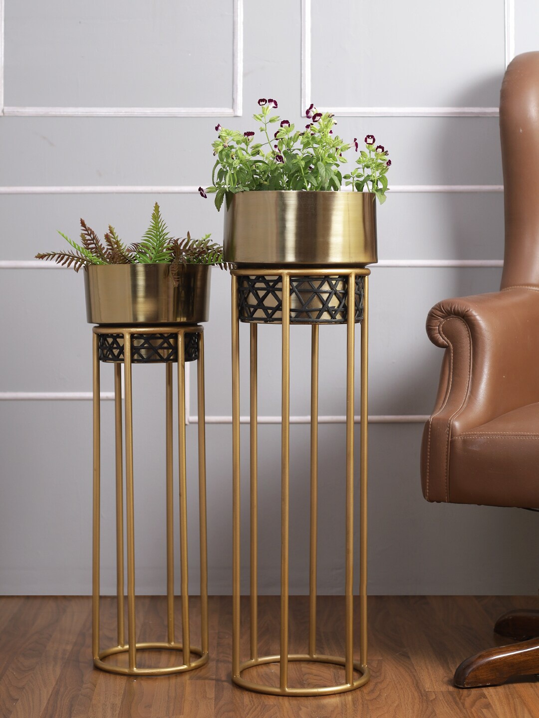 

Aapno Rajasthan Set Of 2 Solid Metal Planters With Stand, Gold