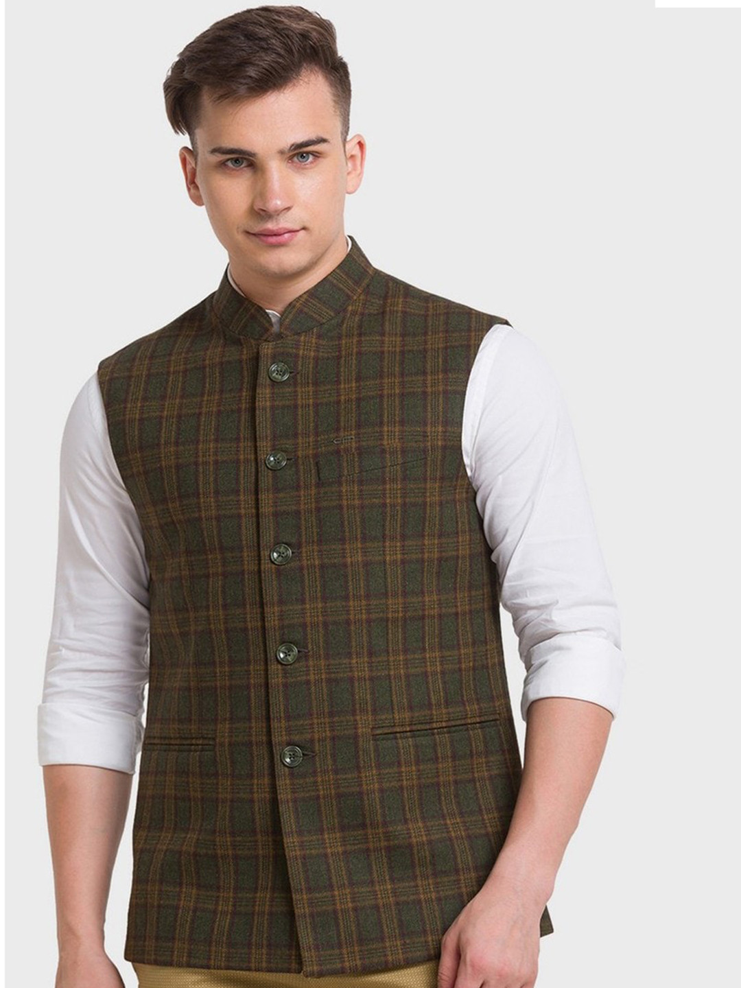 

ColorPlus Men Green Checked Crop Tailored Jacket