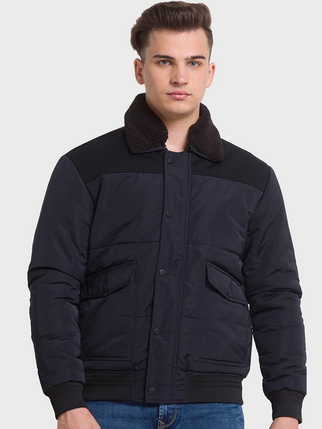 

ColorPlus Men Blue Solid Bomber Jacket