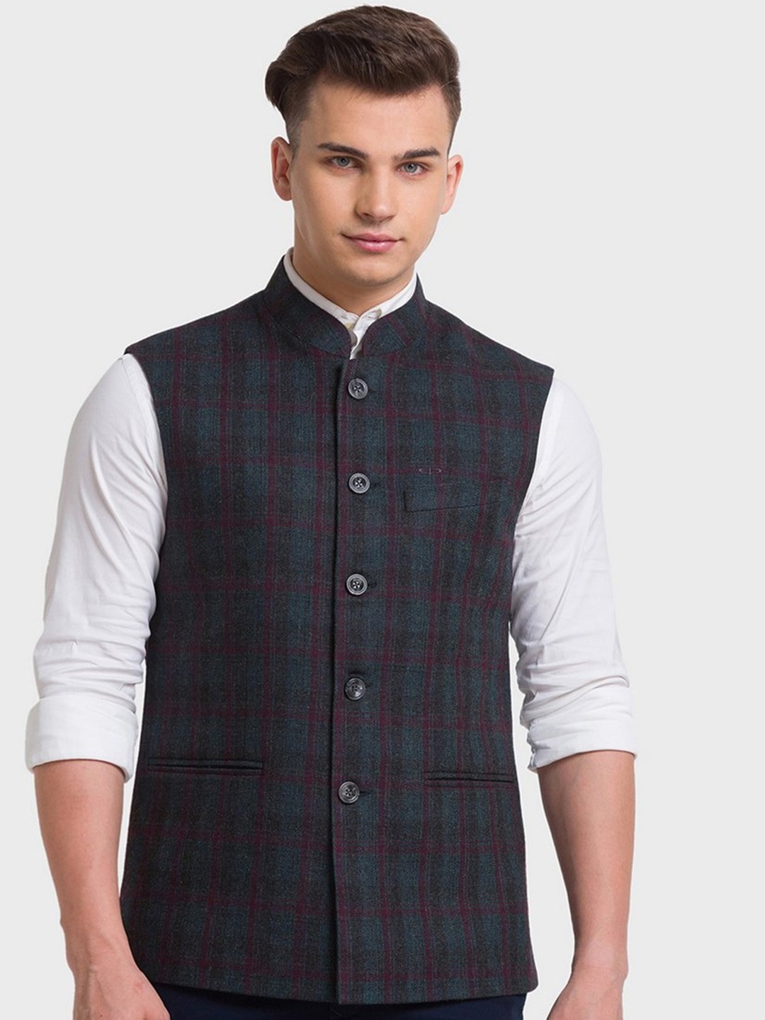 

ColorPlus Men Grey & Maroon Checked Tailored Jacket