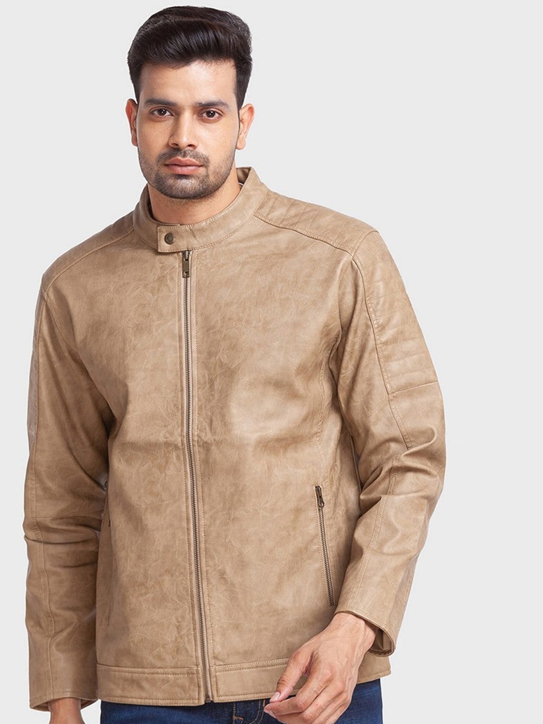 

ColorPlus Men Beige Solid Biker Jacket