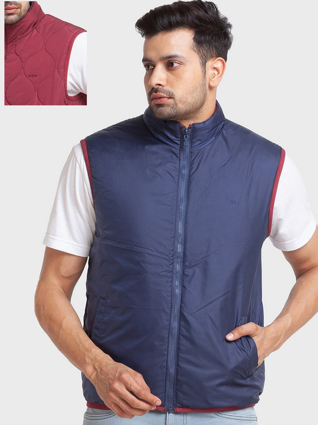 

ColorPlus Men Red & Navy Blue Solid Tailored Jacket