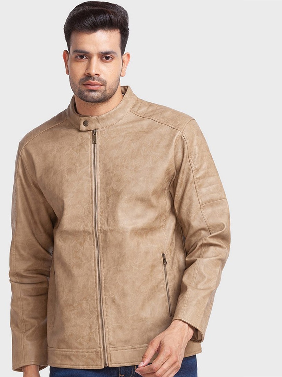 

ColorPlus Men Beige Solid Biker Jacket