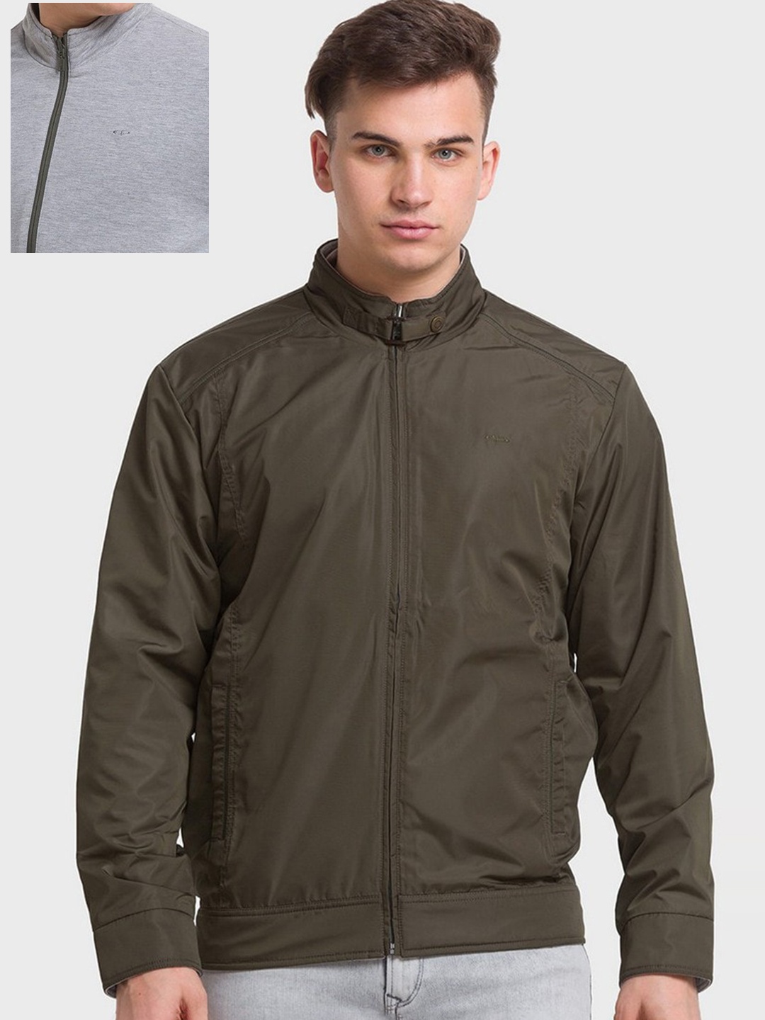 

ColorPlus Men Olive Green & Grey Reversible Bomber Jacket