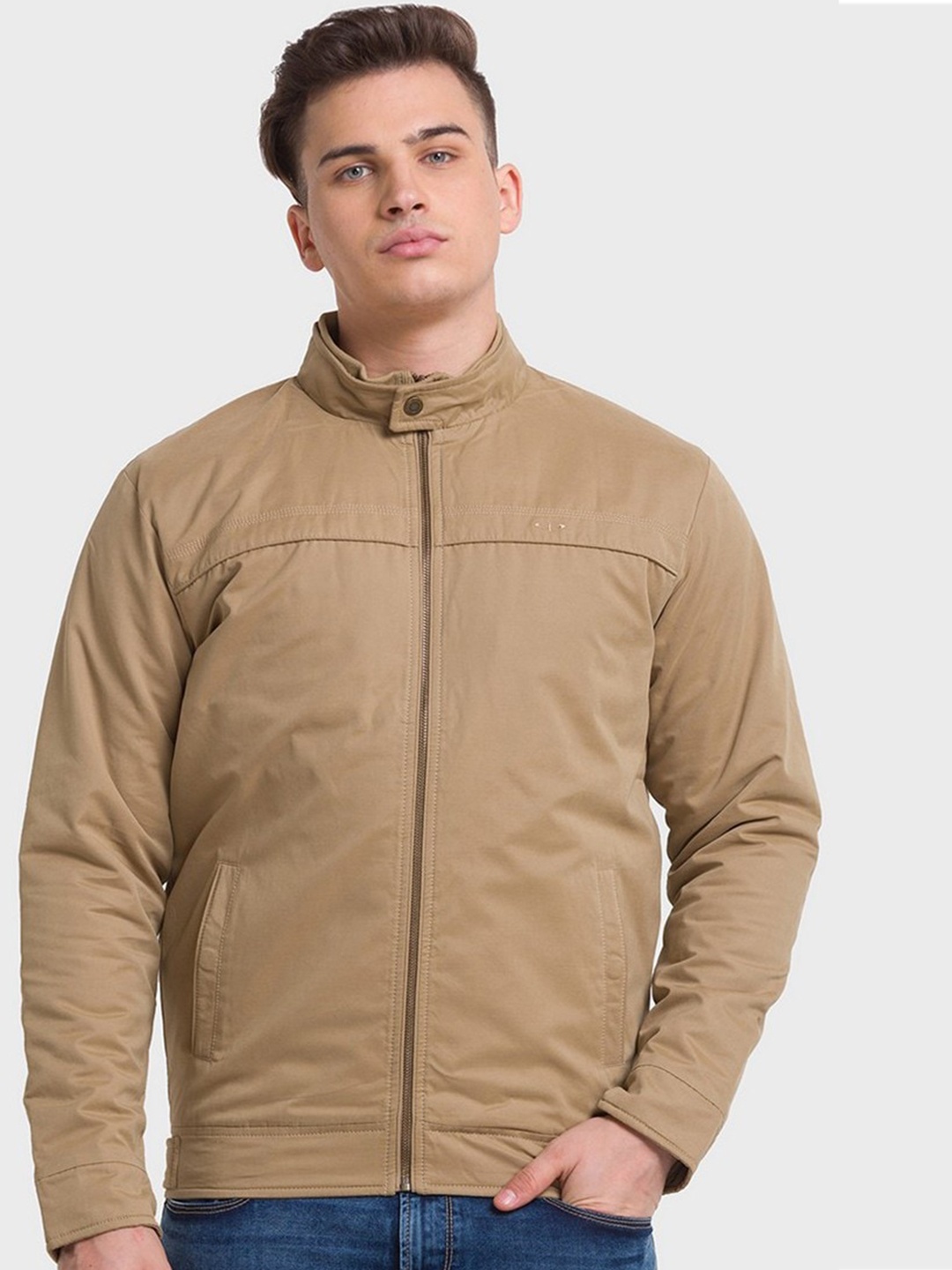 ColorPlus Men Beige Solid Bomber Jacket