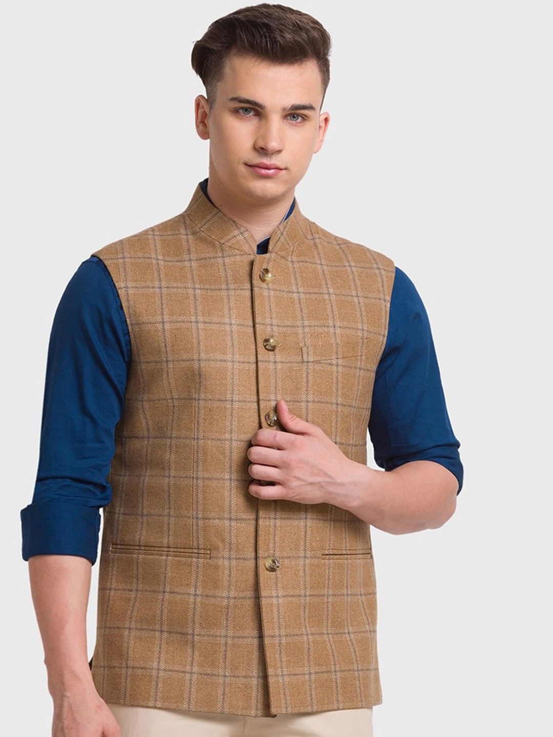 

ColorPlus Plus-Size Men Beige Checked Nehru Jacket