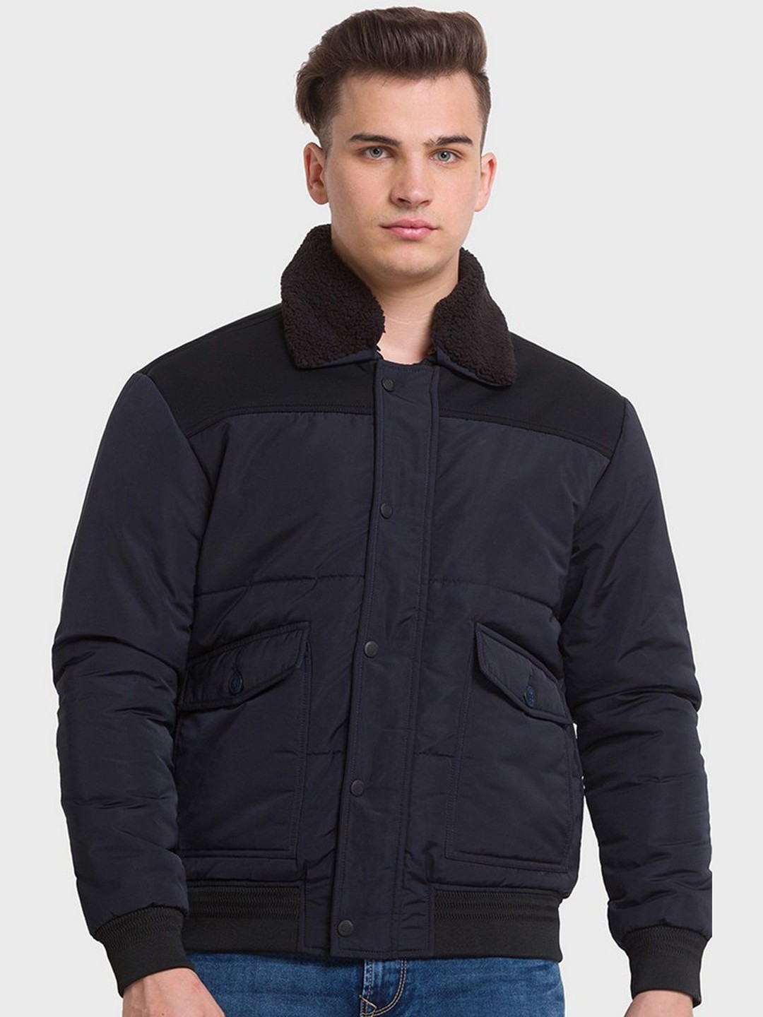 

ColorPlus Plus-Size Men Navy Blue Striped Bomber Jacket