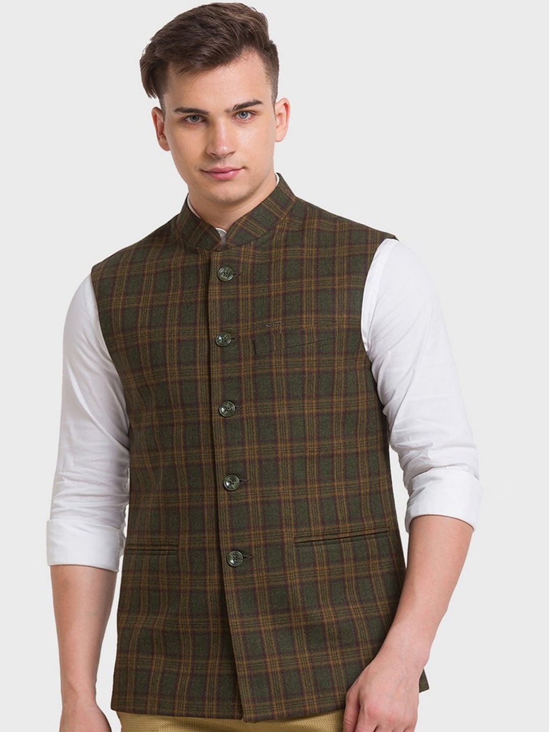 

ColorPlus Plus-Size Men Green Checked Nehru Jacket