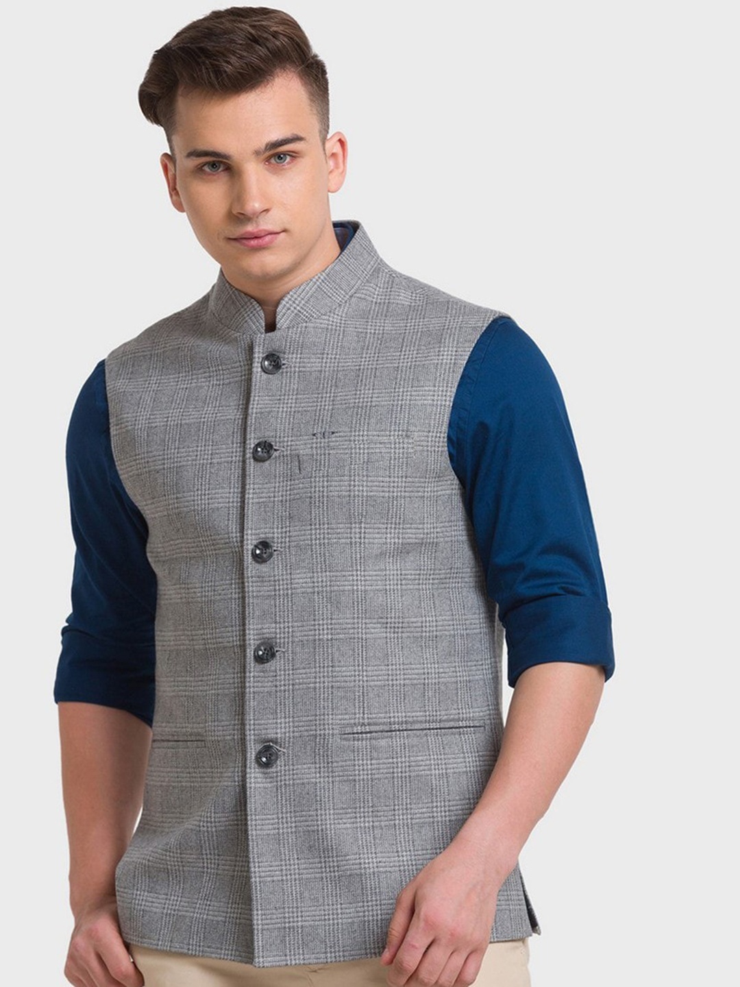 

ColorPlus Plus-Size Men Grey Checked Nehru Jacket