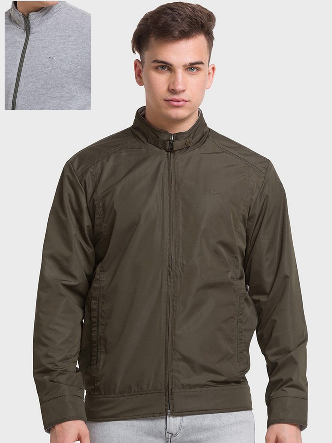 ColorPlus Men Olive Green & Grey Bomber Jacket